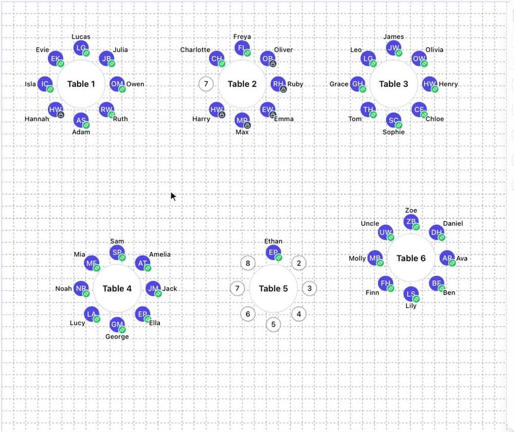 The floor plan with every guest seated around six round tables